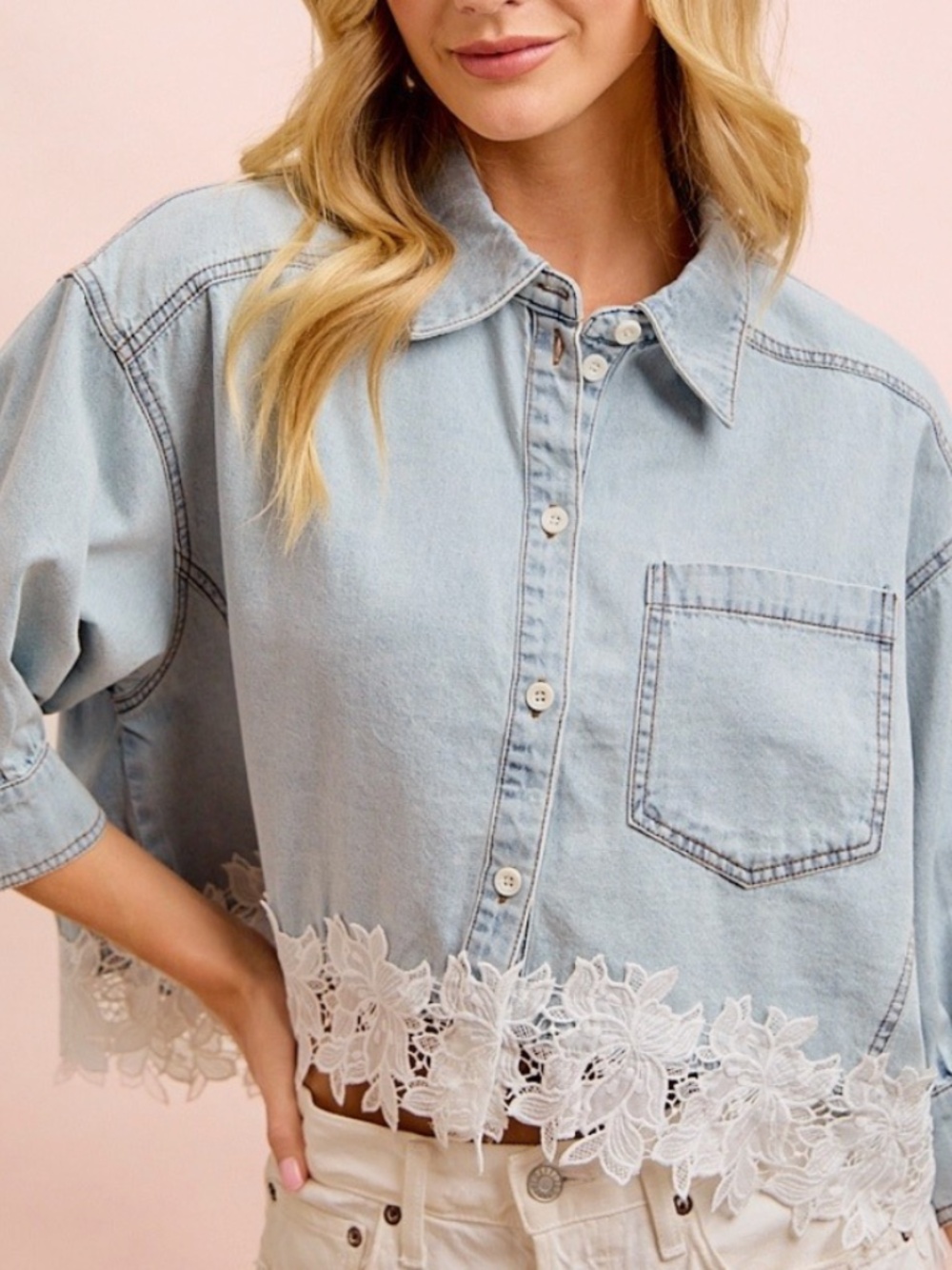 Bibi Light Wash Button Down Floral Lace Hem Loose Fit Top - Picture 2 of 6